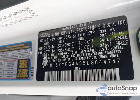 2020 Kia Sorento 2.4L L z USA, uszkodzony, nr VIN 5XYPG4A35LG644747